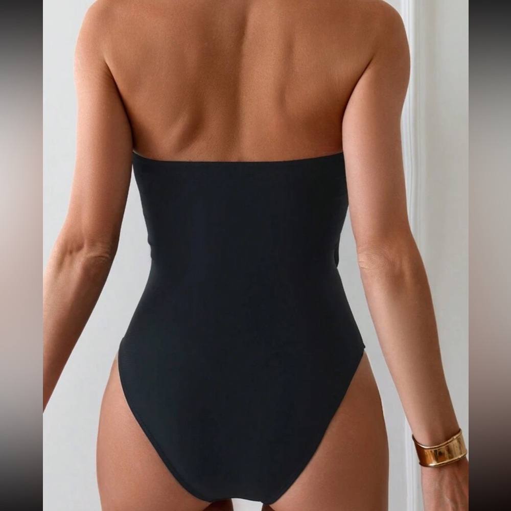 Solid Color Strapless  Swimsuit With Bow Decoration For Beach Holiday,Summer - Picture 4 of 4